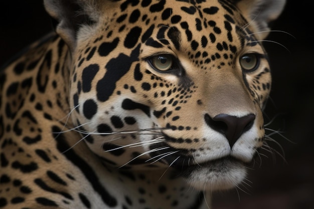 A jaguar is shown in this close up image.