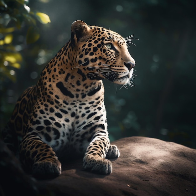 A jaguar is sitting on a rock in the forest.