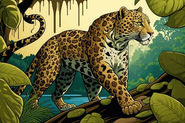 A jaguar is walking on a branch in the jungle.