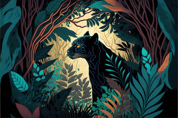 A jaguar in the jungle with a blue face.