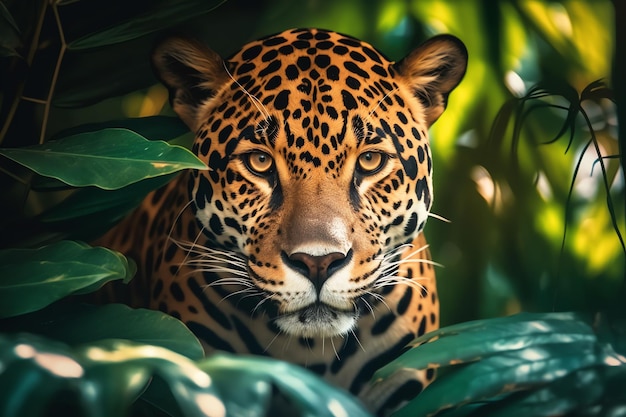 A jaguar in the jungle with green leaves