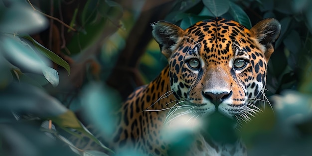 A jaguar peers through the foliage of the jungle in search of prey