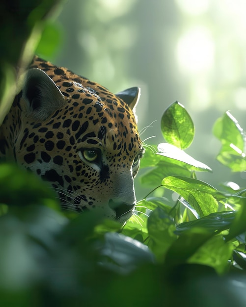 Photo jaguar prowling through lush amazon rainforest rare predator deep green foliage sunlight peeking through canopy capturing the majestic beauty of the wild