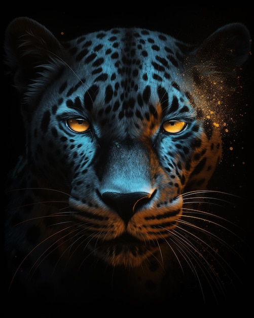 A jaguar's eyes are glowing yellow in the dark