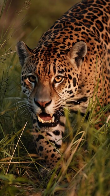 Photo jaguar stalking in the grass close up of a jaguar