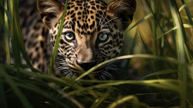 Jaguar stalking in the grass close up of a wild cat