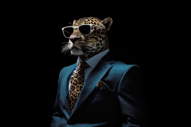 Jaguar In Suit And Sunglasses On Black Background Generative AI