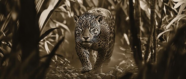 Photo a jaguar walking through dense foliage