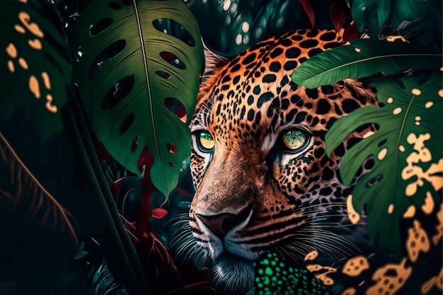 Jaguar watching its prey from the rainforest Generative AI