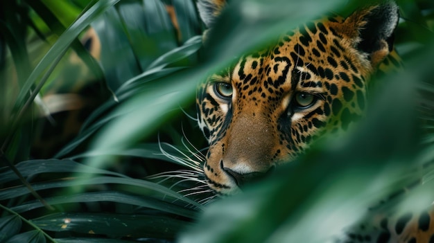 Photo jaguars gaze through lush foliage