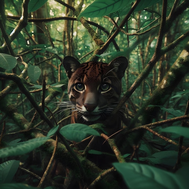 A jaguarundi a sleek wild cat with a dark coat is carefully hidden within thick forest foliage