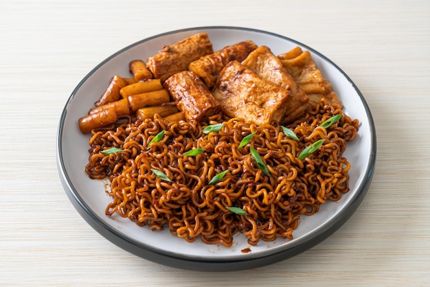 Jajangmyeon or JJajangmyeon with Odeng and Omuk Korean Instant noodles with Korean fish cake in black bean sauce