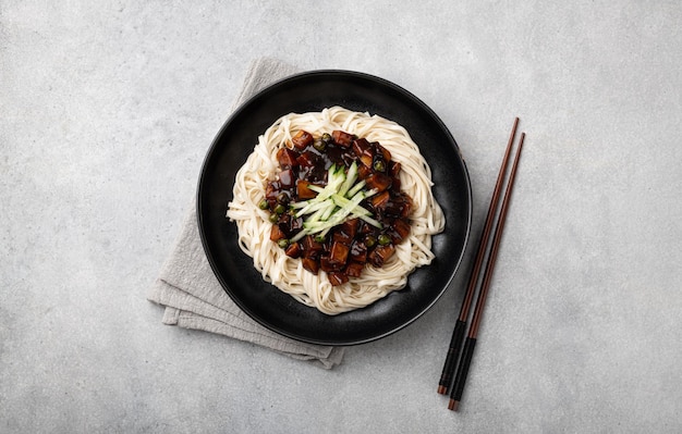 Jajangmyeon korean noodles in black bean sauce view from above