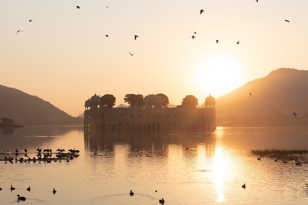 Jal Mahal, water palace in Jaipur, Rajasthan in India, sunrise view.