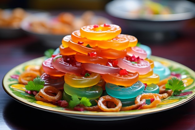 Photo jalebi on a colorful festive plate