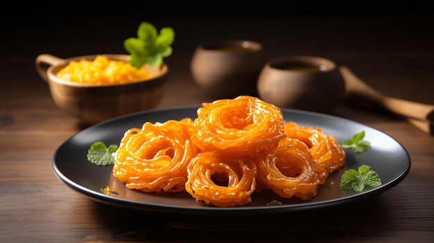 Jalebi dessert served on white plate on wooden table