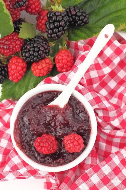 Jam with fresh raspberries and blackberries