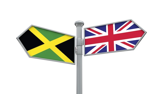 Jamaica and United Kingdom guidepost Moving in different directions 3D Rendering