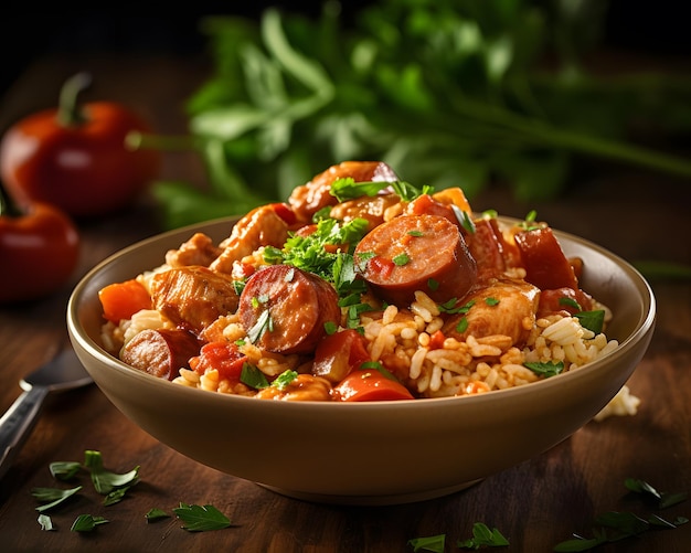 Jambalaya includes chicken and sausage in a spicy delicious dish Generative AI