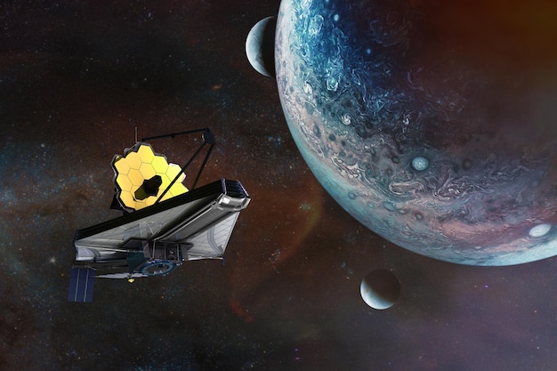 The James Webb telescope explores deep space on alien planets background