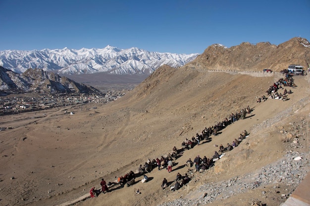 JAMMU KASHMIR INDIA MARCH 21 Tibetans wait at Thiksey monastery and Namgyal Tsemo Gompa before respect pray in tibet ceremony festival at Leh ladakh on March 21 2019 in Jammu and Kashmir India