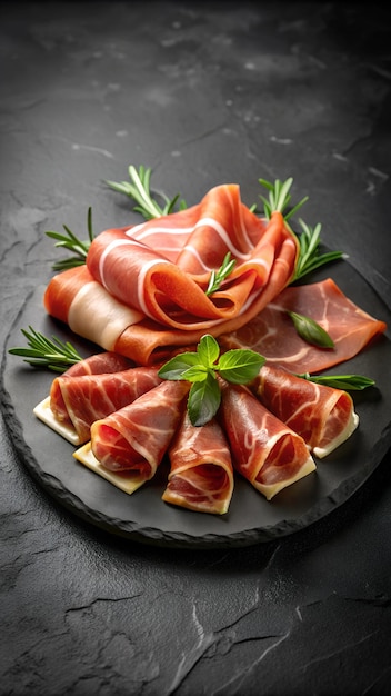 Photo jamon slices dry italian prosciutto raw pork ham isolated on black background slices of prosciutt