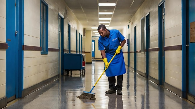 Photo janitor in a blue uniform mopping the floor in a clean welllit space