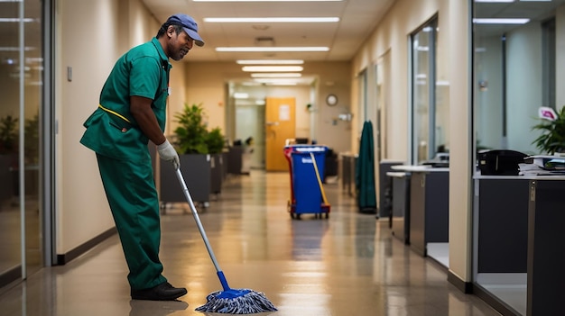 Photo janitor cleaning office uniformed worker office maintenance professional cleaning tidy workspace