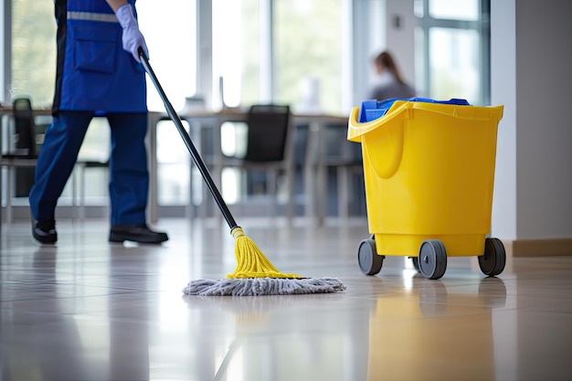 Janitor Mopping an Office Floor Mop CloseUp Cleaner Works Janitorial Cleans the Floors Cleaning Concept Generative AI Illustration