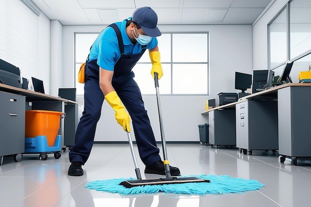 Janitor Mopping an Office Floor Mop CloseUp Cleaner Works Janitorial Cleans the Floors Cleaning Concept Generative AI Illustration