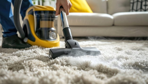 Photo janitor vacuuming carpet closeup of cleaning action