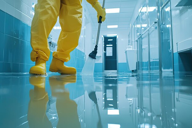 A janitor in yellow protective suit is cleaning and disinfecting restroom showcasing commitment to hygiene and safety shiny floor reflects bright environment emphasizing cleanliness