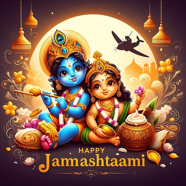 Janmashtami a poster for a happy birthday with a girl and a blue angel