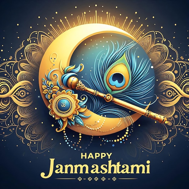 Janmashtami Wishes with a Beautiful Flute and Peacock Feather Card