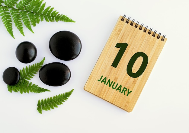 January 10 10th day of the month calendar date Notepad black stones green leaves Winter month the concept of the day of year