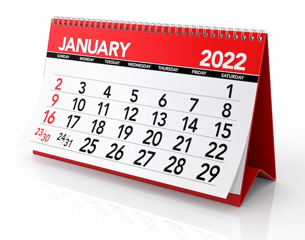 January 2022 Calendar. Isolated on White Background. 3D Illustration