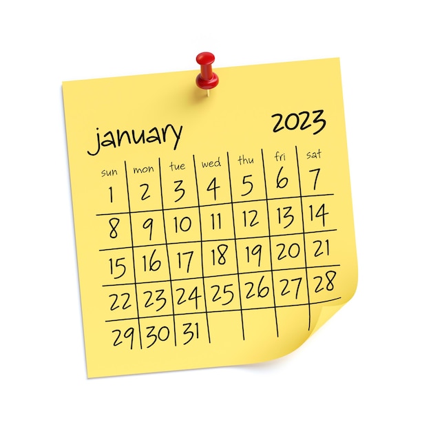 January 2023 Calendar Isolated on White Background 3D Illustration