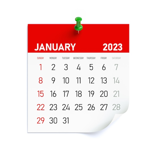 January 2023 Calendar Isolated on White Background 3D Illustration