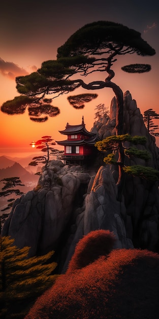 Japan ancient citadel on high rock landscape nature reserve with pines vibrant bright red sunset AIGenerated