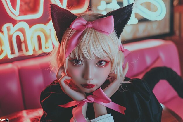 Japan anime cosplay portrait of girl cosplay in pink room background