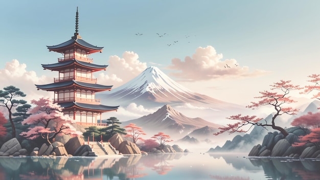 japan landmarkvintage watercolor style