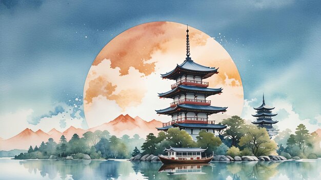 japan landmarkvintage watercolor style