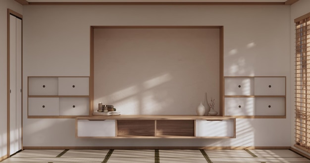 Japan room Minimal cabinet for tv interior wall mockup3d rendering