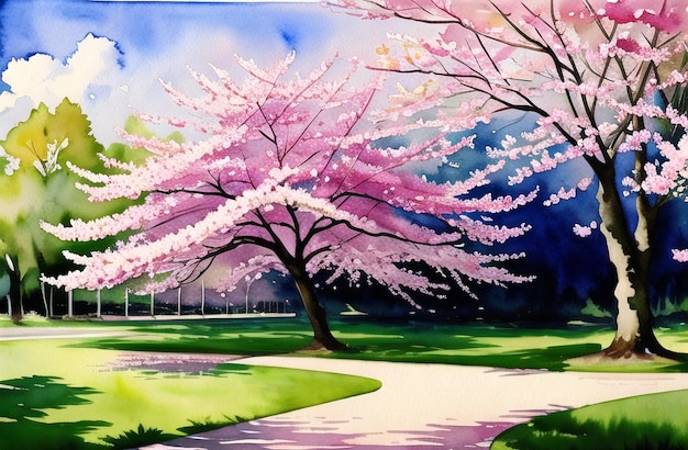 Japan Sakura festival of Cherry tree blossom explosion AI generated landscape for digital printing