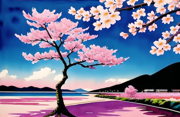 Japan Sakura festival of Cherry tree blossom explosion AI generated landscape for digital printing