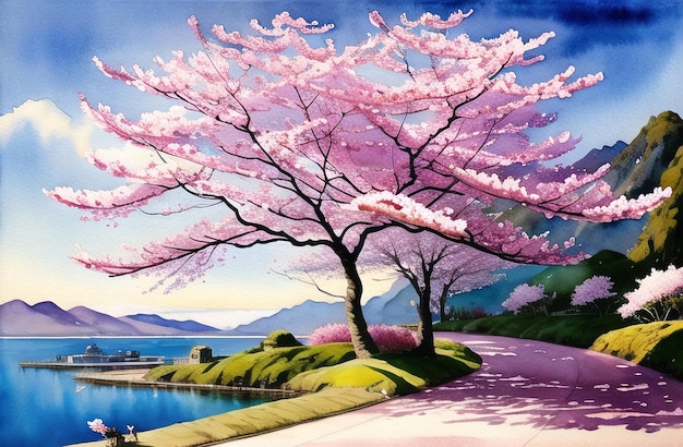 Japan Sakura festival of Cherry tree blossom explosion AI generated landscape for digital printing