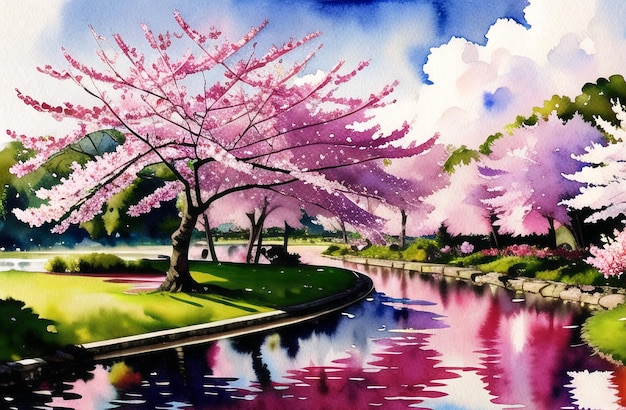 Japan Sakura festival of Cherry tree blossom explosion AI generated landscape for digital printing