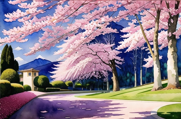 Japan Sakura festival of Cherry tree blossom explosion AI generated landscape for digital printing