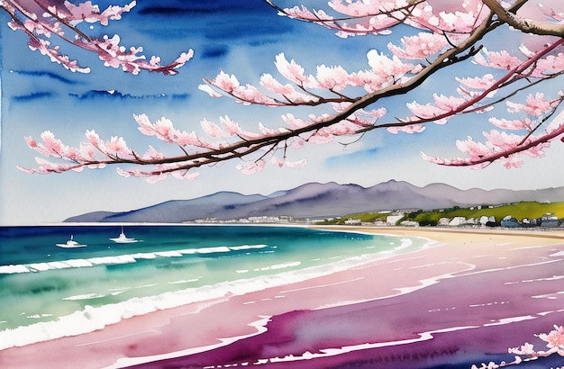 Japan Sakura festival of Cherry tree blossom explosion AI generated landscape for digital printing