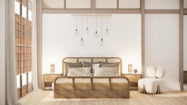 Japan style empty room decorated with wooden bed white wall and wooden wall